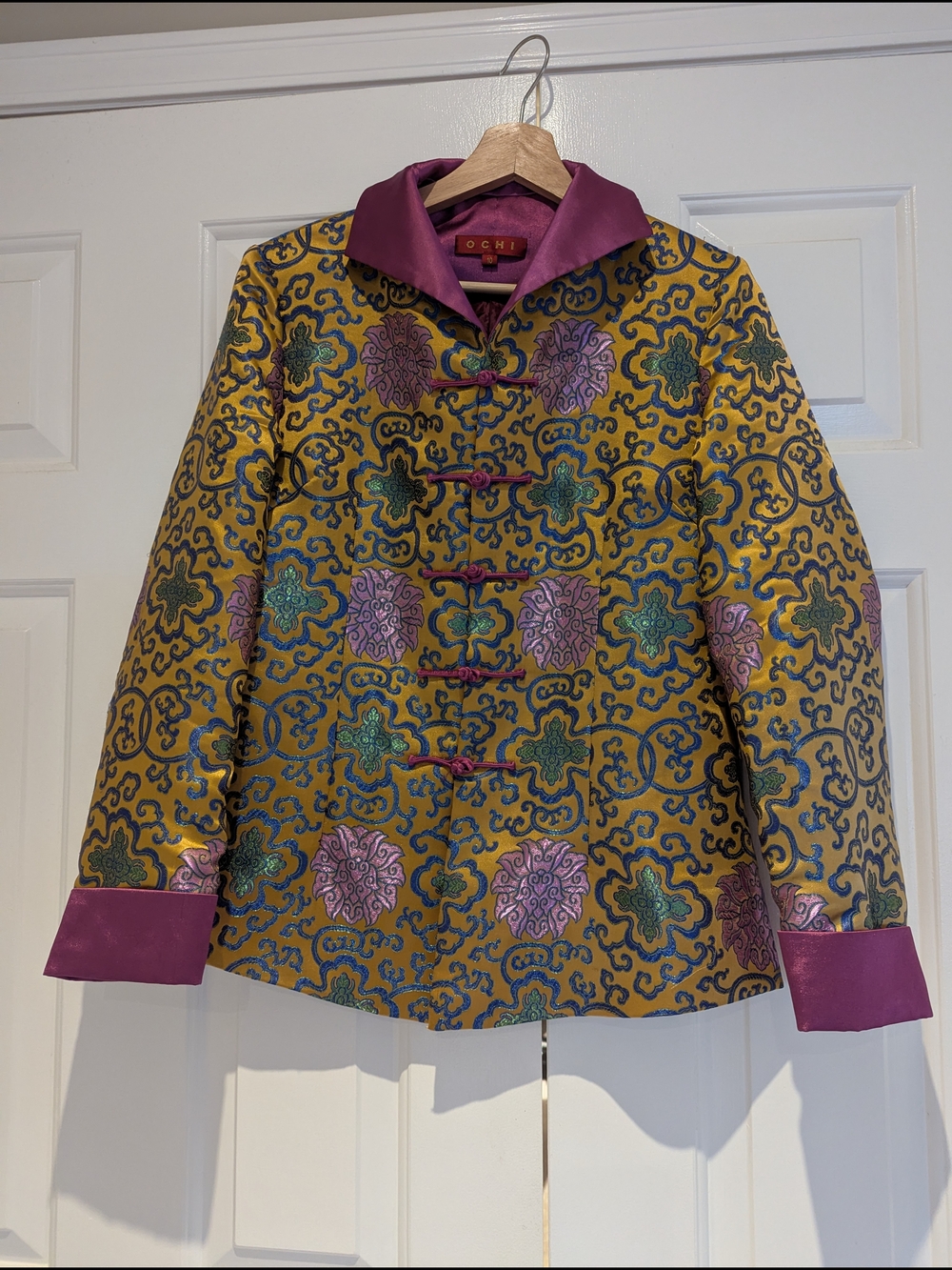 Vintage Ochi Gold Brocade Mandarin Collar Asian Style Jacket Blazer Coat S/M